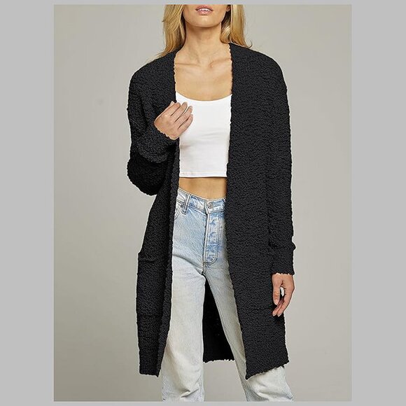 Women's Long Sleeve Soft Chunky Knit Sweater Open Front Cardigans Black - Picture 2 of 8